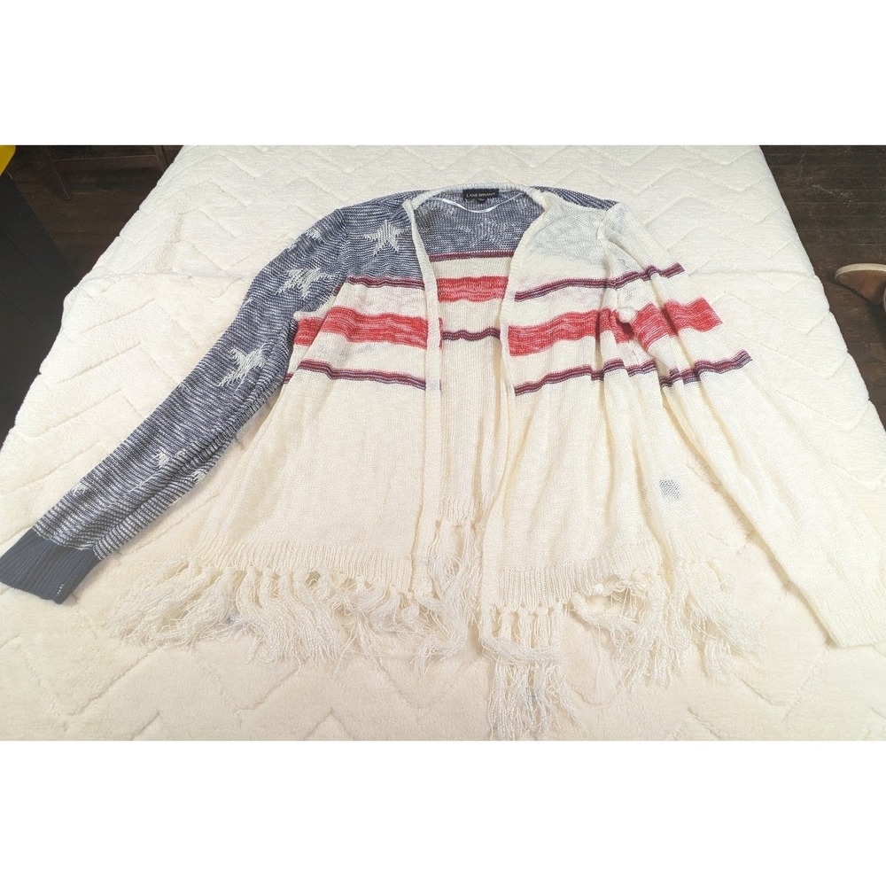 Lane Bryant American Flag Fringe Cardigan Sweater Stars Stripes Red White Blue